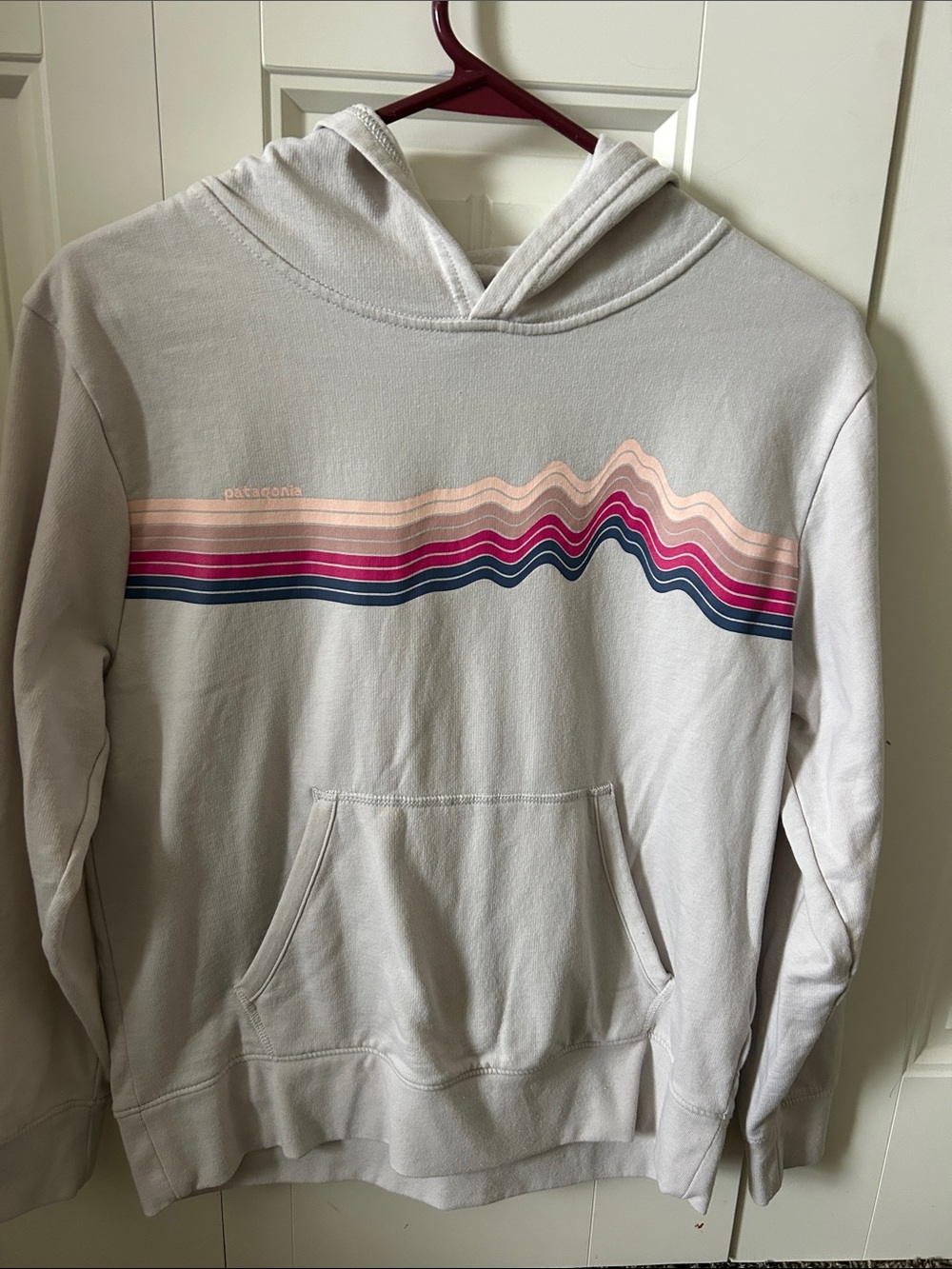 Patagonia Light Gray Hoodie with Pink, Navy & Peach Wave Stripes